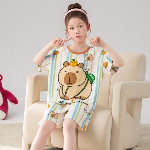 Childrens Summer Thin Short Sleeve Sleepwear Cartoon Princess Home Clothes Set for Little Girls Soft Polyester Fabric Cool Feeling