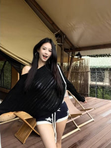 Ladies Black Long Sleeve Knitted Shoulder Bared Sweater Summer New Design Slimming Overhead Fashion Top Korean Style Loose Fit