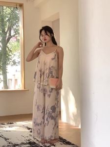 New Womens Summer Sleepwear with Cotton Silk Strap Set Two Piece New Chinese Style Lounge Wear Set High Grade and Thin Loose Pajamas