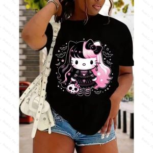 2026 Fashion Sanrio Cartoon Character Hello Kitty Pattern T-shirt Fashionable Womens Cute Short Sleeved Round Neck Casual Top