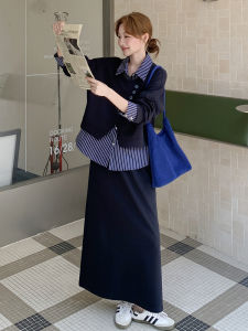 Casual Striped Patchwork Fake Two-Piece Sweatshirt Set Womens High Waist Long Skirt Two-Piece Autumn New Style Blue And White Stripes