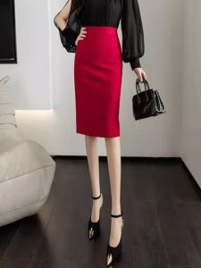 Elastic Slit A-Line Mini Skirt Womens Spring Autumn High Waist Midi Skirt Business Casual Cotton Polyester Blend