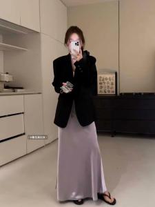 Extended Length Satin Mermaid Skirt High Waist Loose Womens Long Dress Chinese Style Natural Waist A-Line Pure Color