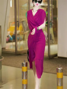 High Waist V-Neck Slimming Dress for Women Fashionable European Style Streetwear with Patchwork Design Midi Length Summer Dress