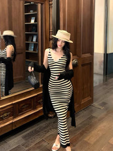 French Stripe Color Block Strap Dress Womens Summer 2025 New Unique Beautiful Slim Fit Long Skirt City Commute Beach Date Party Travel