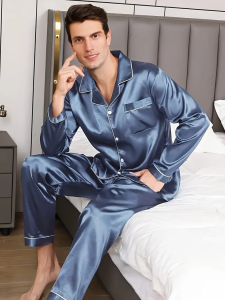 Men Pajama Sets Microfiber Sleepwear For Sleeping Man Shirt Satin Long Sleeve Pyjama Male Home Night Wear Plus Size Loungewear