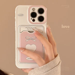 Korean Japanese Style Pink Heart Butterfly Knot Phone Case Card Holder Simple Fresh Apple 16/17Promax iPhone 13/14/15 Cute Niche 11/12 Sweet Personality