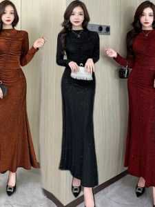 French High-End Long Sleeve Slimming Dress Design Elegant Wraparound Long Skirt Womens New Split Miniature Ball Gown