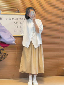 Casual Shirt Set Womens Summer Commute Loose Long A-Line Mini Skirt Fashionable Ensemble Pure Color Versatile Ladies Outfit