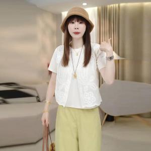 Áo Thun Nữ Màu Trắng Thêu Họa Tiết Mùa Hè Dáng Rộng Cổ Tròn Tay Ngắn Thường Ngày Đa Năng Giảm Tuổi Tác