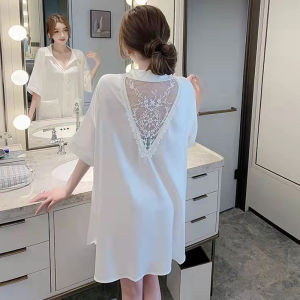 Long Lace Hollow out Ice Silk Sleepwear Womens Shirt Style Home Clothes Summer New Loose plus Size Butterfly Print Nightgown