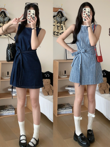Blue Plaid Sleeveless Dress Womens Mini Summer Travel Butterfly Knot Short Vest Skirt A-Line Mini Dress Elegant Waist-Cinched