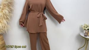 Muslim Women Fashion Tie Waist Shirt &Wide Leg Pants Elegant Loose Casual Loungewear Islamic Daily Co-ord Tracksuit