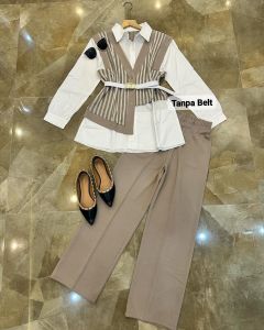 setelan kemeja celana knit salur mix polo linen wanita terbaru 2024