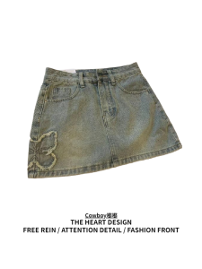Váy Ngắn Chữ a Thêu Bướm Phong Cách Mỹ Cổ Điển Cho Nữ Mùa Hè Dáng Rộng Cạp Cao Váy Denim Ngắn Gợi Cảm Mới Về