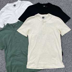 Summer Mens Vintage Henry Collar Bamboo Cotton Short Sleeve Casual Skin-friendly T-shirt Fashionable Urban Style Top