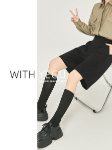 กางเกงขาสั้นผ้าขนสัตว์สีดำทรงเอเอวสูงสำหรับผู้หญิง กางเกงขายาวทรงห้าส่วนสำหรับใส่ลำลองในฤดูใบไม้ร่วงและฤดูหนาว กางเกงขายาวทรงตรงหลวมๆ