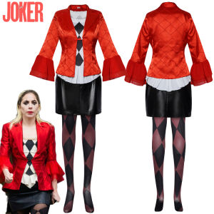 โจ๊กเกอร์2ชุดคอสเพลย์ผู้หญิง: Folie À Deux Harley Quinn สูทสีแดงเสื้อโค้ทกระโปรงถุงเท้า4ชิ้นครบชุดฮาโลวีนชุดสยองขวัญแฟนซีสำหรับผู้หญิง