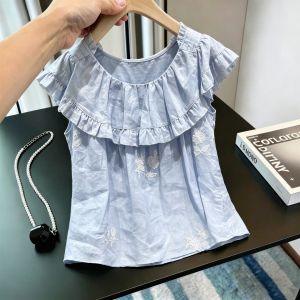 SHUAIYUE | Áo Blouse Thanh Lịch Giúp Gầy Gọn Trẻ Trung Màu Xanh Thêu