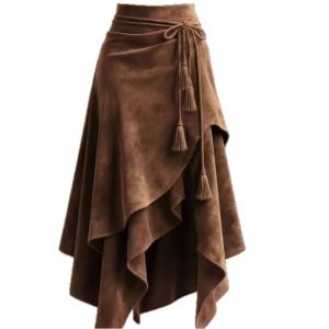 American Retro Asymmetry Suede Midi Skirt for Woman Bohemian Style Rope Vintage Autumn Winter Retro Street A-Line Skirts Lady