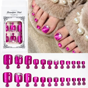 24Pc Lake Blue Cat Eye Press On Toenails Short Square Fake Toenail with 3D Rhinestone Decor Handmade Full Cover False Foot Nails
