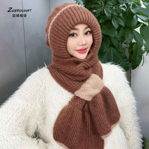 Knitting Wool Hat Scarf Integrated Female Winter Fleece-lined Thick Warm Earflaps Middle-Aged and Elderly Stuffed Snow Hat