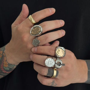 Ingemark | Ingemark 7 Pcs/Set Personality Irregular Letter Rings Men Trendy Adjustable Geometric Chunky Open Metal Rings Grunge Jewelry New