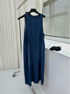 Anti-Aging College Style Long Dress Soft Denim Cotton A-Line round Neck Sleeveless Blue Jeans Gown Summer Commute Pure Color