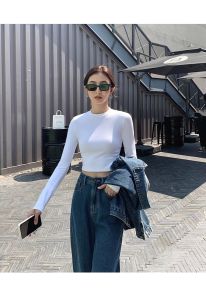 Slimming Leg Lengthening High Waist Street Style Base Tee T-Shirt Short Yoga Long Sleeve Womens Fashion Spring Cotton Blend