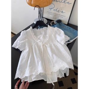 TIANANQI | Lace Trim Korean Style Casual Embroidered Faux Layered Shirt