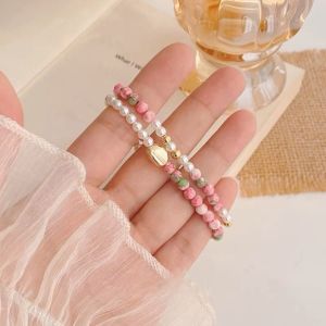 Lucky Pink Pearl Rain Color Stone Hand Bracelet Chinese Style Fashion Jewelry Attract Love Fortune Charm Womens Accessory