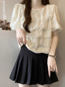 WANGGONGZHU | Princess Style Short Sleeve Chiffon Top Women Summer Thin New Bubble Sleeve Fashionable Small Shirt Short Length Korean Version