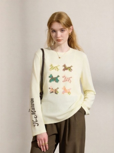 KUHNMARVIN | Áo Thun In Hình Ngựa Phong Cách Học Sinh Mùa Hè Thu Tay Dài Cổ Tròn Lycocell Cotton