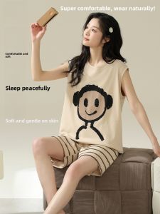 MiiOW | Pure Cotton Womens Summer Sleepwear Vest Shorts Round Neck Home Clothes Set Breathable Cool Feeling Sleeveless Home Clothes