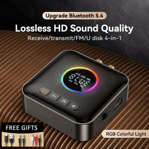 Bluetooth 5.4 Audio Transmitter Receiver FM USB 3.5MM AUX RCA Stereo HIFI Music LED Display Wireless Adapter With Mic