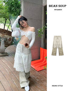 กางเกงขายาวทรงตรงผ้าลายลูกไม้สีขาวสไตล์ลำลองสำหรับผู้หญิง ดีไซน์กระชับสัดส่วน กระโปรงกางเกงผู้หญิง Tagkita