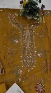 Pakistani Chiffon Heavy Embroidered Salwar Suit 3PC with Dupatta – Luxury Wedding Party Wear in Red Yellow Blue Purple.