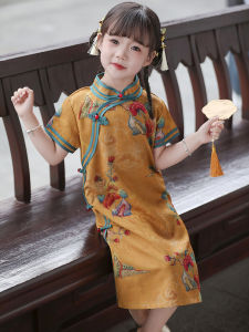 Sườn Xám Trẻ Em Cổ Điển改良版 中長裙 古风 女孩服装 夏季时尚 汉服 聚酯纤维 适合2-18岁女孩