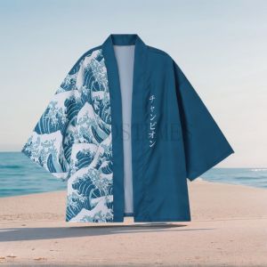 Mens Kimono Cardigans Japanese ukiyoe sea wave Loose Fit Open Front Shirt Kimono Men Blue Casual Summer shirt Beach Shirt