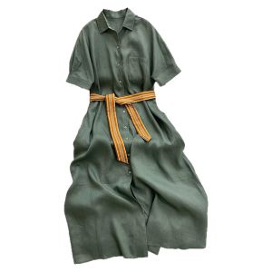 Green Linen Cotton Shirt Dress Autumn Winter Formal Occasions Ladylike Elegant High Waist A-Line Skirt Polo Collar Single Button