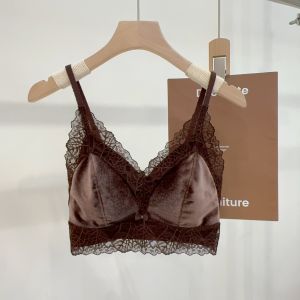 Early Autumn Gold Velvet Lace Back Strapless Bralette Womens One-Piece Cup Comfortable Inner Wear Base Tank Top