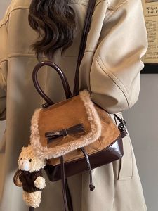 Autumn Winter New Style Flocking Leather Mini Backpack with Drawstring And Butterfly Knot Fashionable Red Bag for Girls Traveling