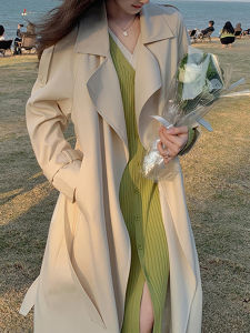 White Mid-Length Casual Womens Windbreaker Coat British Style Commute Korean Version Straight Tube Polyester Fiber Long Sleeve