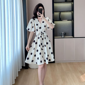 Impression Fashion Women's Elegant Satin Short Puff Sleeve V-neck Polka Dot High Waist A-line Midi Dress