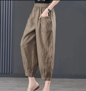 Ice Silk Cotton Linen Plus Size Cropped Pants for Women Elastic High Waist Lantern with Droop Feel Loose Pants