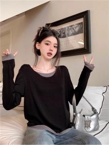 Slimming Loose Long Sleeve Base Shirt Womens Inner Wear 2025 Autumn Design Color Block Patchwork Bottoming Top Korean Style