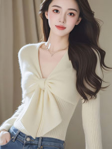 French Elegant White V-Neck Butterfly Knot Long Sleeve Knitted Sweater Womens Autumn Style Super Beautiful Soft Base Shirt