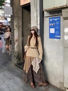 Autumnal Ethnic Knitwear Set Womens Mini Skirt And Sweater Outfit Vintage Lazy Plaid Splicing Travel Style Long Sleeve round Neck