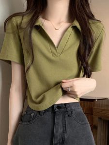 Green Polo Neck Short Sleeve T-Shirt Womens Short Style Summer Slim Fit Pure Cotton V-neck round Hem White Top Korean Style