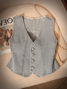 Retro V-Neck Denim Vest Slimming Sweet And Spicy Sleeveless Top for Women Short Pure Color Fashion Element Button Style